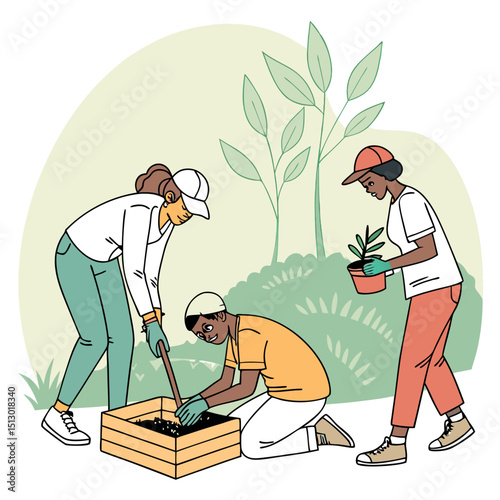 Modern Uplifting Vector Design of Diverse People in a Community Garden with Bright Colors  