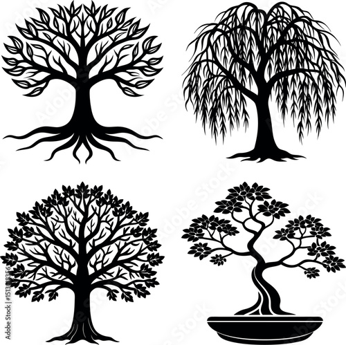 Collection of Four Different Black Tree Silhouettes