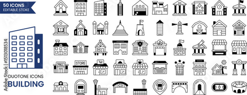 Building icon set in duotone style. Containing house, office, apartment, government, school, mansion, shop, university, hospital and more. Vector illustration