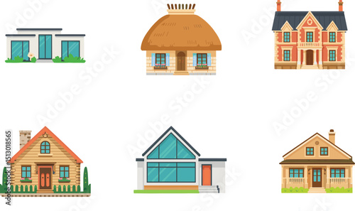 Various house styles, modern, cottage, traditional, suburban homes, residential buildings, architecture, real estate, exterior design, housing variety, home illustrations