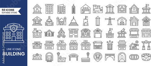 Building line editable icon set. Containing house, office, apartment, government, school, mansion, shop, university, hospital and more. Vector illustration