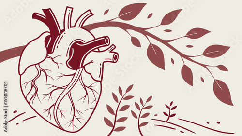 Textured Grain Vector Illustration of a Stylized Human Heart with Veins and Arteries  