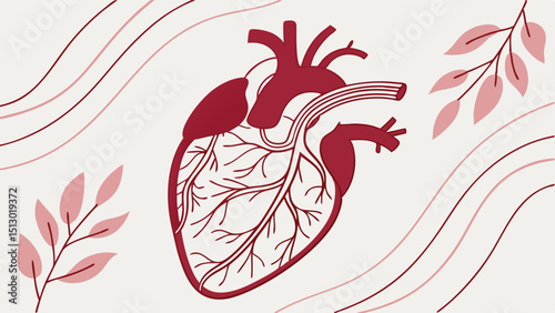 Stylized Human Heart Vector Art with Subtle Veins Representing Health and Vitality  