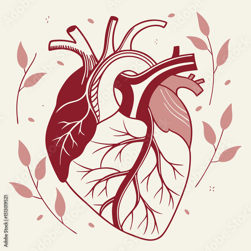 Textured Grain Vector Illustration of a Stylized Human Heart with Veins and Arteries  