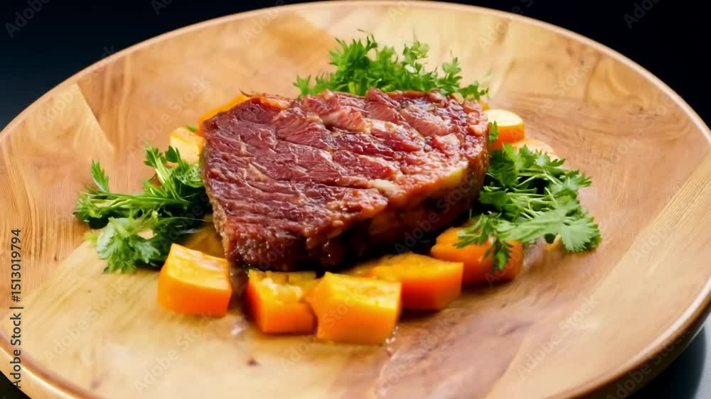 A delicious roasted meat dish with beautifully arranged sides A delicious roasted meat dish with beautifully arranged sides