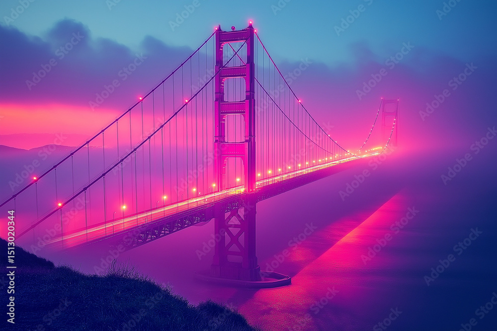 Fototapeta premium Golden Gate Bridge illuminated with pink and purple hues during a beautiful sunset.