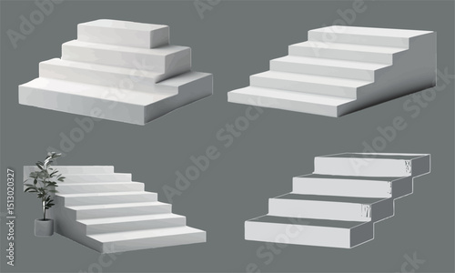 Four white 3D steps renderings
