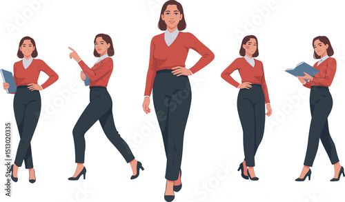 Professional businesswoman confidently holding documents, walking and presenting ideas, stylishly dressed in formal attire, showcasing leadership, communication