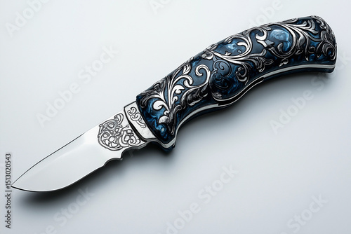 Exquisite engraved pocket knife with intricate silver floral design and blue handle. photo