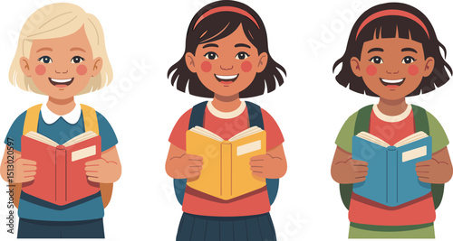 Happy diverse schoolgirls enjoying reading books with backpacks on, smiling confidently — promoting education, literacy, and friendship among children in a fun and engaging learning environment.