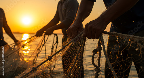 Fishing Net at Sunset with People