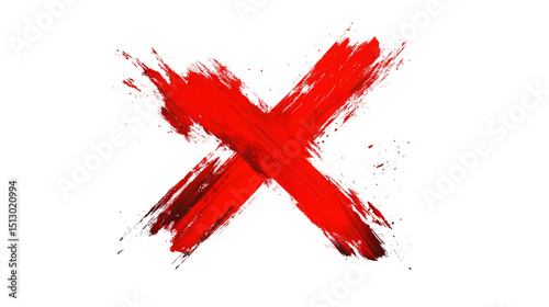 A bold red x mark painted with brush strokes  with white pixelated edges isolated on transparent background