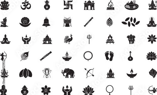 Hindu ritual silhouette icons set displaying traditional Hindu motifs, religious symbols, and cultural elements, arranged in simple cultural, spiritual, and traditional symbols 

