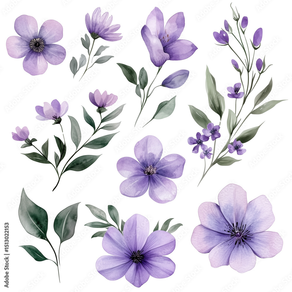 Fototapeta premium A set of hand-drawn watercolor flowers, featuring a soft purple hue and natural green leaves, isolated on a transparent background