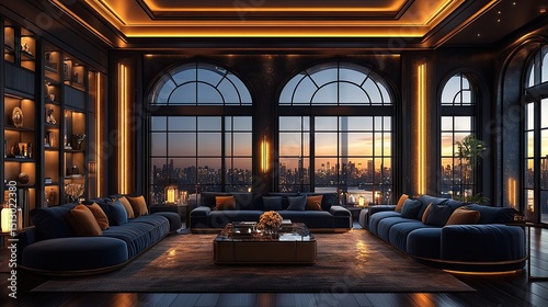 Luxurious living room with city skyline views.