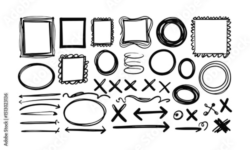  A modern vector-style collection of hand-drawn sketch elements. nclude a variety of square and rectangle frames with different border styles , dashed, curly, bold, wavy, easily scalable and editable.