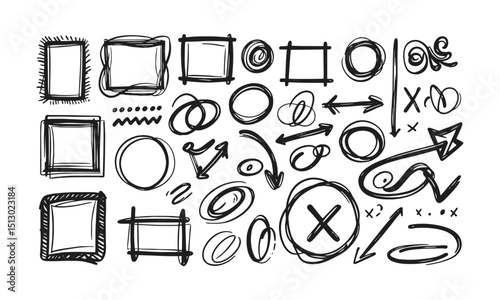  A modern vector-style collection of hand-drawn sketch elements. nclude a variety of square and rectangle frames with different border styles , dashed, curly, bold, wavy, easily scalable and editable.