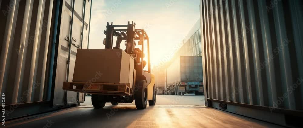 Forklift transports a pallet of cardboard boxes into a large shipping ...