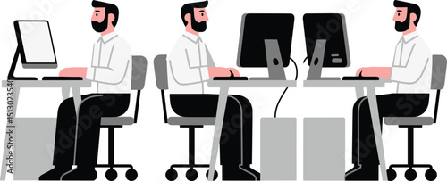 Illustration of Three Office Workers Using Computers at Workstations Modern Workspace Concept for Collaboration, Team Productivity, and Professional Corporate Environment Design