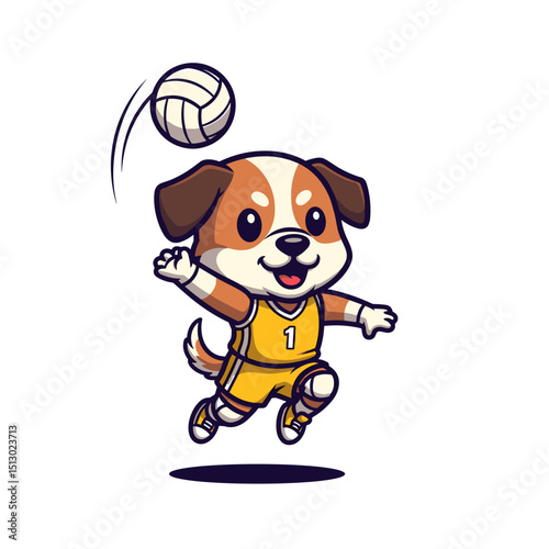 Playful Brown and White Puppy in Orange Jersey Jumping to Hit Volleyball