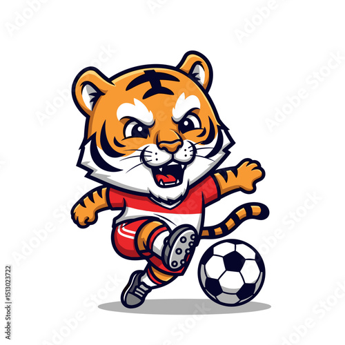 Playful Cartoon Tiger Kicking Soccer Ball, Pixel Art Style