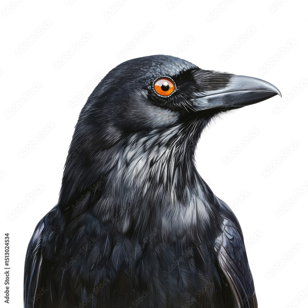 Fototapeta premium Detailed illustration of raven with striking features, showcasing its glossy black feathers and bright orange eye, exuding sense of mystery