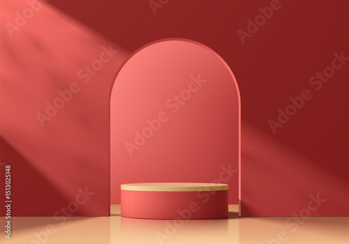 Dark red 3D cylindrical podium background in Arch gate backdrop, Studio wall scene. Minimalist mockup pedestal. Abstract stand product display presentation, Stage for showcase. Vector platform design