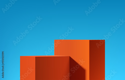Orange 3D cubes box podium background with summer blue empty wall scene. Minimalist studio mockup pedestal. Abstract stand product display presentation, Stage for showcase. Vector platform design.