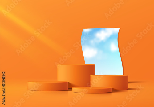 3D orange cylindrical podium background with blue sky in mirror glass. Studio room. Minimalist mockup pedestal. Abstract stand product display presentation. Stage for showcase. Vector platform design.
