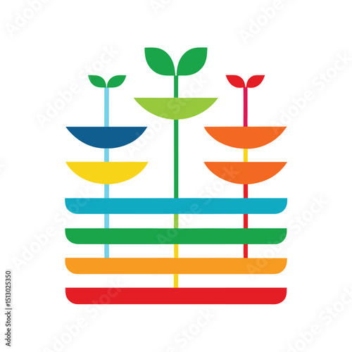 Colorful abstract illustration featuring sprout and stacked layered designs with vibrant color palettes