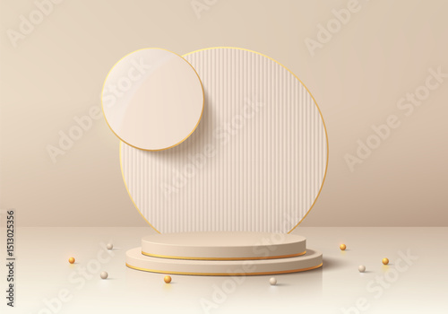 Beige 3D cylindrical podium background with overlap circles backdrop wall scene. Minimalist mockup pedestal. Abstract stand product display presentation. Stage for showcase. Vector platform design.
