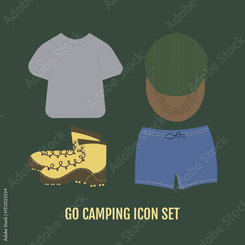Flat vector illustration of camping gear icon set including boots, t-shirt, shorts, and cap on dark green background. 