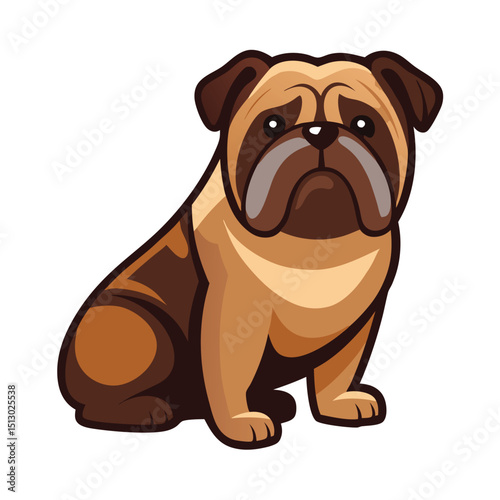 Cute Cartoon Bulldog Sitting Brown and White Dog Vector Illustration