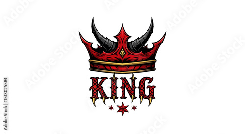 Illustration of a red crown with black horns and stylized king lettering under it with stars below