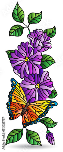Stained glass illustration with floral arrangement and butterflies, isolated on a white background