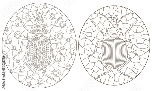 Set of contour illustrations of stained glass Windows with beetles, dark contours isolated on white background