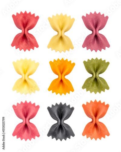 Nine Pieces of Colorful Farfalle Pasta Variety in Grid Layout