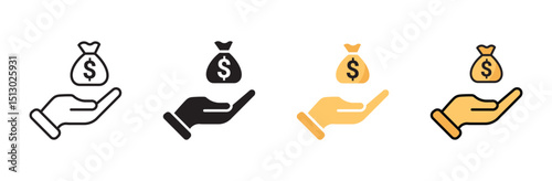 Set of Hand holding money bag icon representing financial investment and wealth icon illustration, line, silhouette and flat style, stock vector .