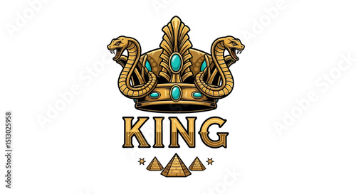 Illustration of a golden crown adorned with turquoise jewels and two fierce cobra snakes symbolizing power and royalty