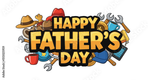Happy Fathers Day greeting with tools hats and coffee mugs for celebration