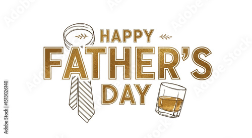 happy fathers day greeting with tie and glass of whiskey symbols in vintage style