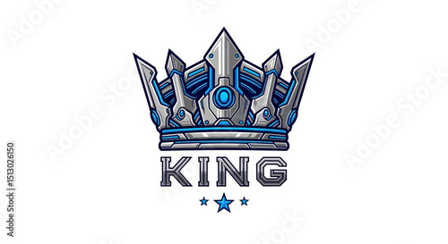 Detailed futuristic metallic crown design with blue accents and king lettering below