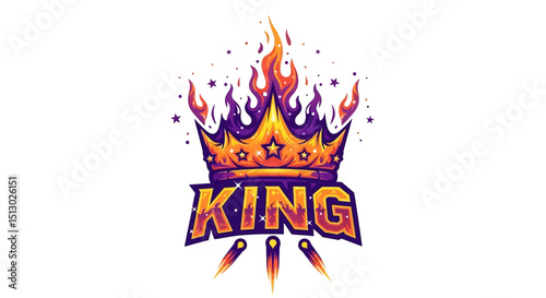 vibrant flaming crown illustration with bold king text in fiery colors design