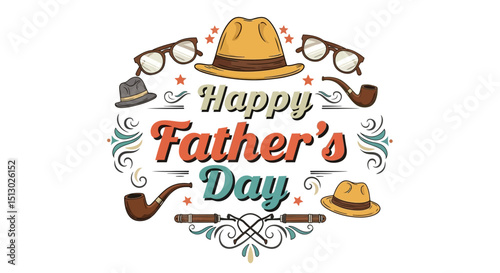 Stylish vintage illustration celebrating fathers featuring hats pipes cigars and glasses for father s day