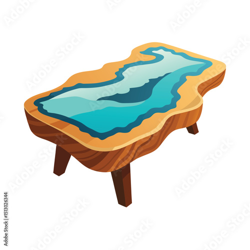 Isometric view of a wooden epoxy resin table with a unique water design