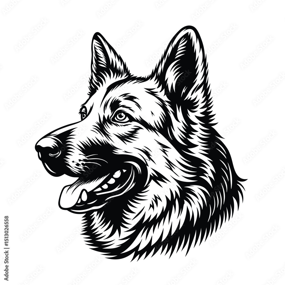 Fototapeta premium German Shepherd smiling face silhouette Vector on white background