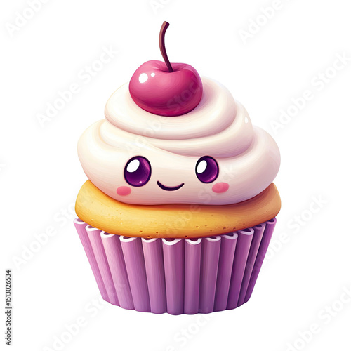 Cartoon cupcake with cherry topping and cute happy expression