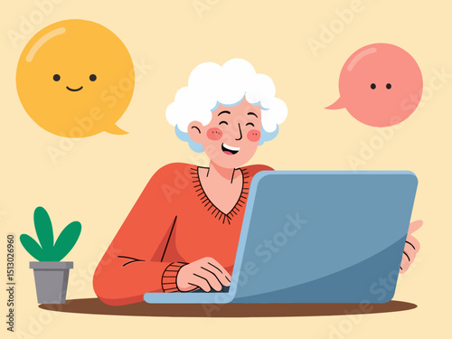 World Senior Citizen's Day. Happy grandmother with the laptop computer