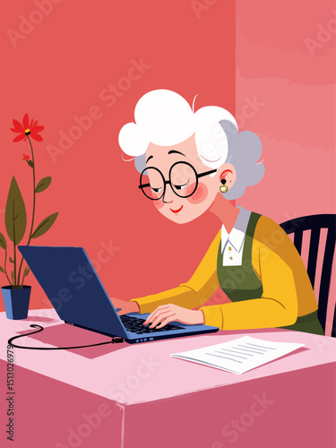 World Senior Citizen's Day. Happy grandmother with the laptop computer