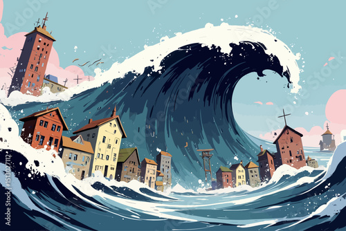  A huge tsunami over 100 meters high Even buildings are swallowed
